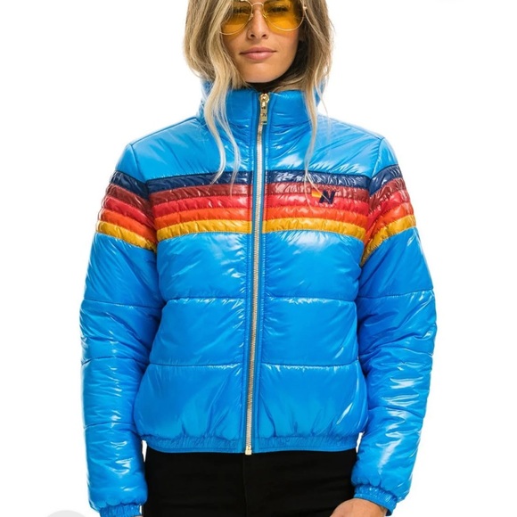 Aviator Nation Jackets & Blazers - Aviator Nation Vibrant Blue Puffer with Multicolor Stripes